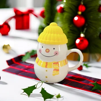 Om de zăpadă Cana Ceramica cu Capac Drăguț Lapte Cesti de Cafea Craciun Emote Kawaii Cani Bărbați și Femei, Cadou de Ziua Cana mic Dejun