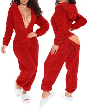 2024 De Femei De Iarnă Caldă Onesies Fleece Romper Pijamale Solid De Viteze Deschis Cu Maneci Lungi Cu Fermoar V Neck Sleepwear Sexy Homewear