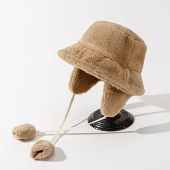 Protecție pentru urechi de Pluș Bucket Hat Pentru Femei Culoare Solidă Faux Blana Pescar Pălării Cald Gros de Iarna pentru Femeie Căști Panama Capac 어부모