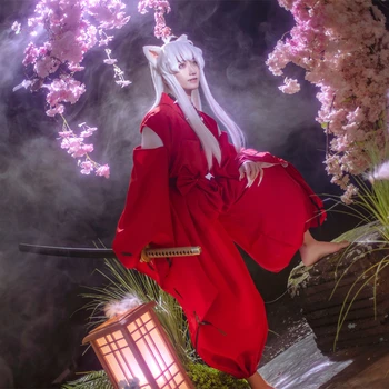Anime Inuyasha Cosplay Costum Carnaval De Halloween Arthur Curry De Lux Kimono Roșu Urechi Articole Pentru Acoperirea Capului Peruca Colier Personalizat