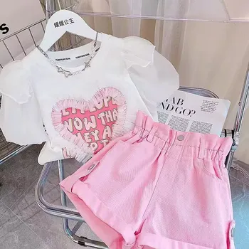 De vânzare cu amănuntul 2023 Nou Copil Fete Adolescente Coreea de Vara Roz Seturi tricou + pantaloni Scurti Costume de Moda Fată 4-9 T