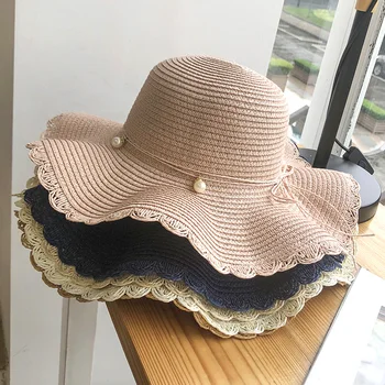 Coreeană Dantela Ondulat Pălărie De Paie Pliabil Arc Perla Decor Găleată Pălării În Aer Liber, De Călătorie De Vacanță Pe Plajă La Soare Capac De Vară Parasolar Capace Panama