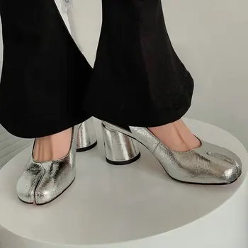Genuine Piele De Vacă De Argint Separate Măgar Degetul Femei Ninja Pantofi Pantofi Rotund Indesata Tocuri Inalte Chic De Brand De Lux, Sandale