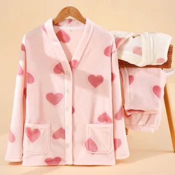 2024 Noi Dulce Cardigan Pijamale Flanel de Iarna pentru Femei Pluș Îngroșat Sleepwear Coral Catifea Caldă Student de Pluș Homewear Set