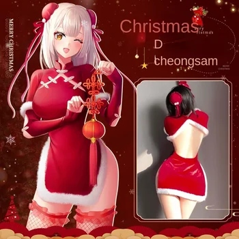 Manyan Crăciun lenjerie sexy cu catarame, mijlocul clasic-maneca cheongsam, fantă și hip-acoperirea uniformă set 8701