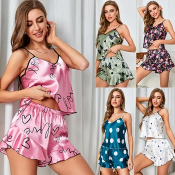 2023 Noua Moda Sexy Florale Set Pijama Femei 2 Piese Pijamale Pijamale de Mătase Satin Cami Top și pantaloni Scurți, Pijamale pentru Femei Dragoste