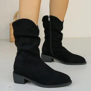 Pantofi pentru Femei 2023 Nou Plus Dimensiune Jumătatea Vițel Cizme Femei Fermoar Lateral Cizme Moderne Femei Plisată Subliniat de la Picior Toc mic Doamnelor Pantofi