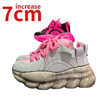 Roz Talpă Groasă a Tatălui Pantofi Femei Crește 7cm Noi, Originale, din Piele Interior Sporind Pantofi Casual Sport Platforme Pantofi Femei