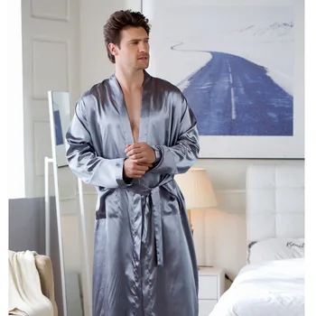 Plus Dimensiunea sex Masculin Sleepwear Kimono-Halat de Baie Rochie Gri cu Maneci Lungi V-Neck Pijamale cu Curea Buzunar Primavara Vara Barbati Haine de Acasă