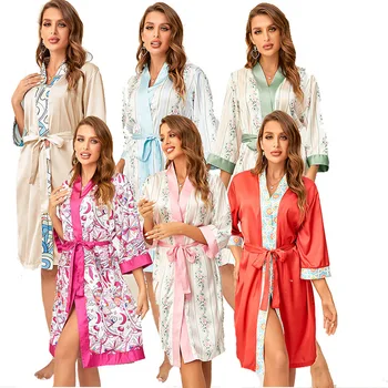 Floare de Imprimare Halat 3/4 Maneca cămașă de noapte Vrac Satin Kimono-Halat de baie cu Centura Doamna Vară Acasă Halat Lenjerie Pijamale