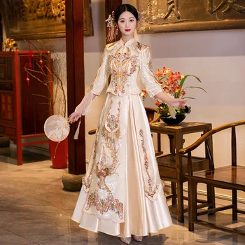Chineză Tradițională Mireasa Șampanie Sclipitoare, Paiete, Ștrasuri Din Mărgele Ciucuri Rochie De Mireasa Broderie Phoenix Toast Îmbrăcăminte Tang Costum